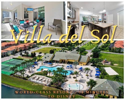 a collage of photos of a hotel with a collage of a resort at 6 Bed Pool Villa in Luxury Paradise Palms Resort! in Kissimmee