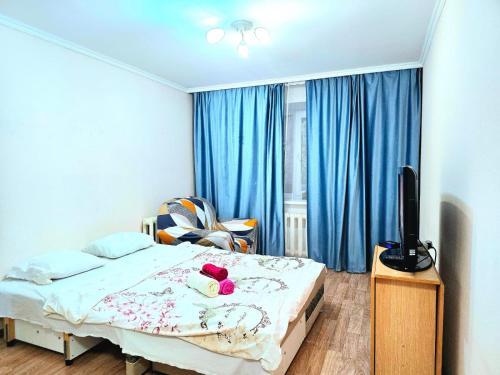 a bedroom with a bed and a tv and blue curtains at Аэропорт Астана 5 минут 37 in Astana