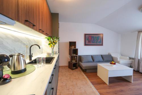 a kitchen and a living room with a couch at Cozy 1BR With Spa Near Ski Lift in Bansko