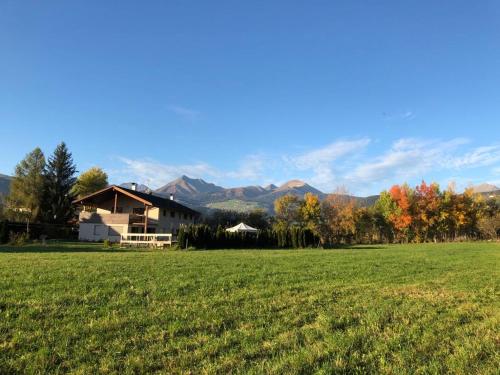 FiumesにあるFrunhaus - Zimmer mit Frühstück, Apartments, Ferienwohnungenの山家を背景にした緑地