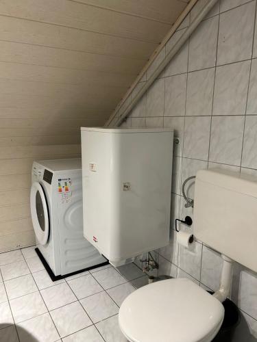 a bathroom with a toilet and a washing machine at Universitätsnahes Apartment in Leoben #9 in Leoben