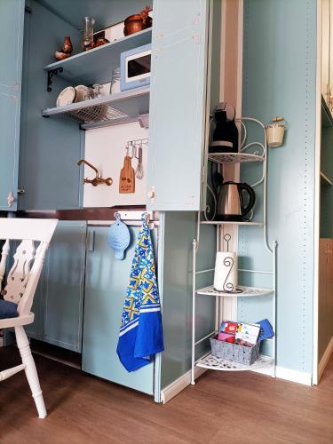 a kitchen with a blue refrigerator and shelves at Dal Buffo Gufo in Pila