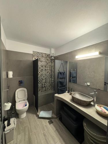a bathroom with a sink and a toilet at Akti elia apartment in Kalogria