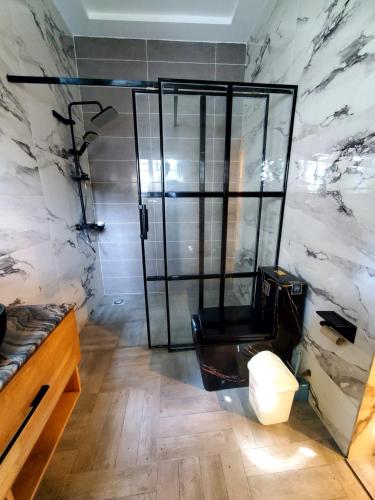 a bathroom with a glass shower with a toilet at Cotonou Bois Fleuri Suites - Le Loft Naturel A1 in Cotonou