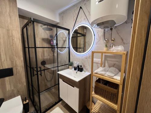 une salle de bain avec une douche, un lavabo et un miroir dans l'établissement Apartman NIKOLINA, à Vrnjačka Banja