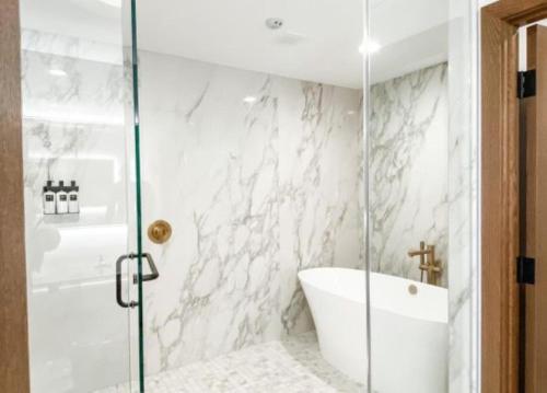 a bathroom with a bath tub and a glass shower stall at Omni Viking Lakes in Eagan