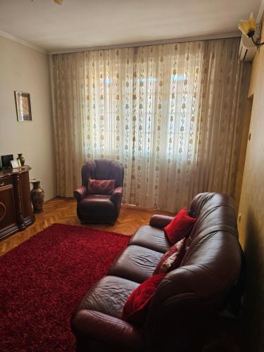 a living room with a leather couch and a chair at Apartment K8 Center in Podgorica