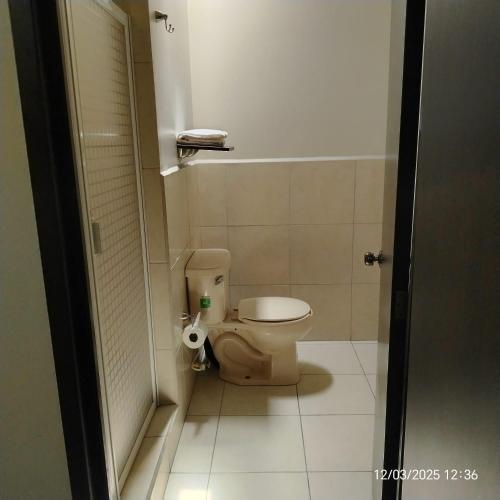 a bathroom with a toilet in a stall at Hotel Bamboo Sauces Morelia in Morelia