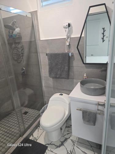 ein Badezimmer mit Toilette, Waschbecken und Dusche in der Unterkunft 2 PALMAS STR in Aguadilla