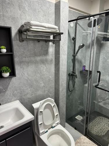 a bathroom with a shower and a toilet and a sink at Comfort Cove - One bedroom Apartment in Kilimani, Nairobi in Nairobi