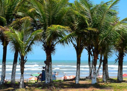 a group of people sitting under palm trees on the beach at Suítes Suarão in Itanhaém
