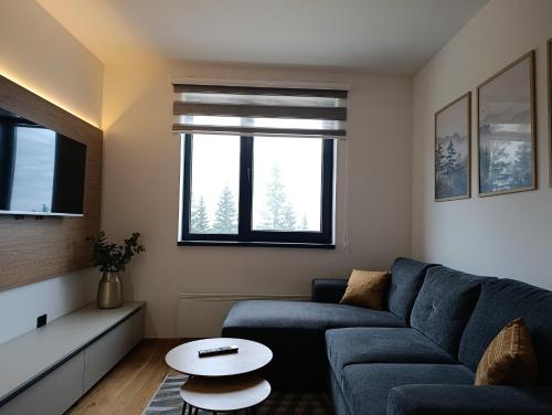 a living room with a blue couch and a table at Apartmani Stella Jahorina in Jahorina