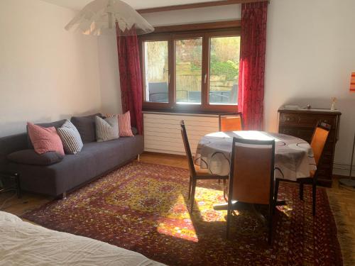 a living room with a couch and a table at Les Biches in Corminboeuf