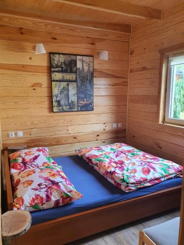 a bedroom with two beds in a log cabin at Fajny Domek in Łukęcin