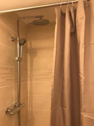 a shower with a shower curtain in a bathroom at Charmant Studio Atypique climatisé in Hyères