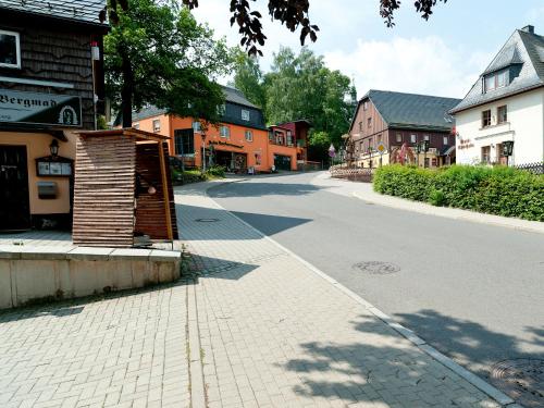 an empty street in a small town with buildings at Hotel Sonne in Seiffen