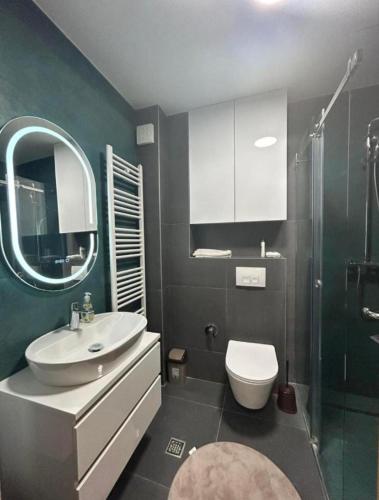 a bathroom with a sink and a toilet and a mirror at Alpine Noir in Bjelašnica