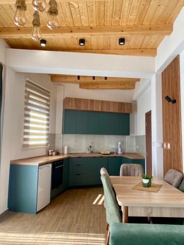 a kitchen with green cabinets and a wooden ceiling at Mavrovo Heights in Mavrovo