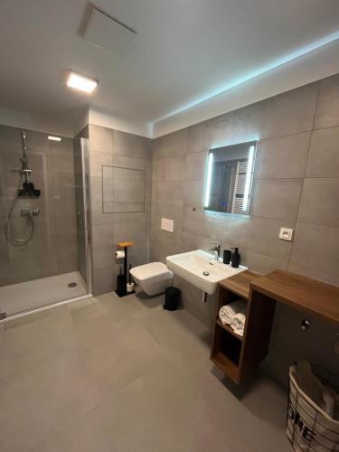 a bathroom with a sink and a toilet and a shower at Apartment SKY in Dolní Morava