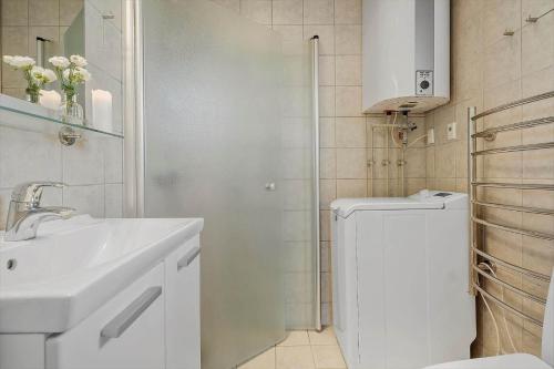 a bathroom with a sink and a toilet and a shower at K19065-Kalundborg-Strandparkvej-28 in Kalundborg