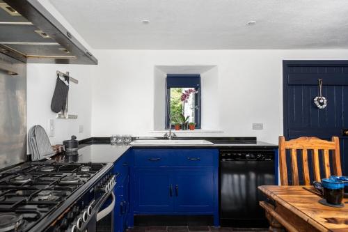 a kitchen with blue cabinets and a stove top oven at Charming Country house Getaway in Edenderry