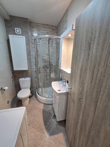 Un baño con ducha, inodoro y lavabo. en Apartman Emi, en Belgrado