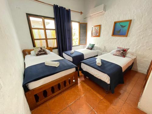 a room with two beds and a window at BLACK&WHITE -Dis Dihai- in Puerto Ayora