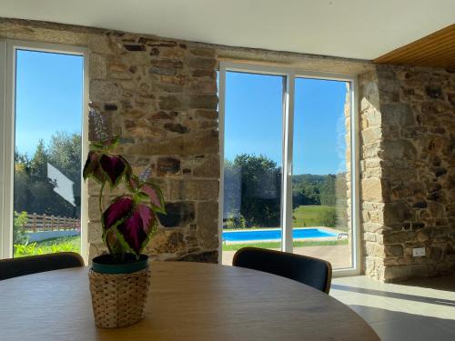 a table with a plant in a room with windows at Casa da Marola in Zas