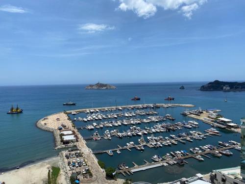 an aerial view of a marina with boats in the water at Suite Marina Santa Marta in Santa Marta