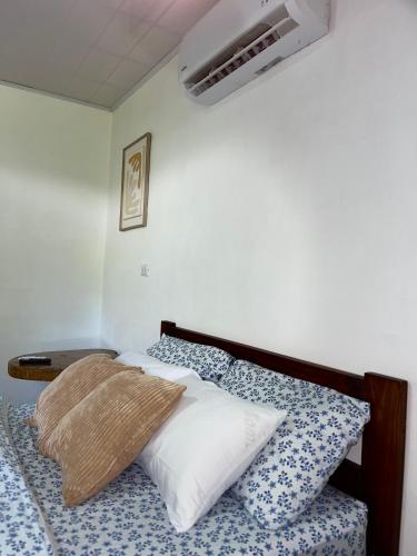 a bedroom with a bed with blue and white pillows at Corcovado House With AC in Puerto Jiménez