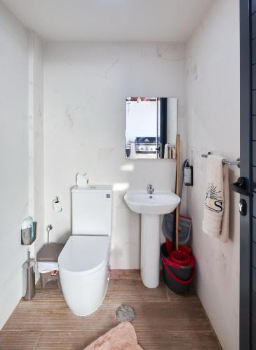 a bathroom with a white toilet and a sink at Apartamentos Golfinho Dourado in Santa Maria