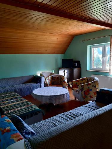 a living room with couches and a table at EkoTurystyka Natura Gwiazd - Green Velo - Workation Park - Ziołowy Klimat Bieszczad in Dubiecko