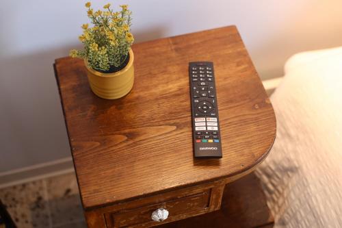 Un control remoto sobre una mesa con una planta en maceta. en Refúgio com Jardim no Coração de Aveiro, en Aveiro