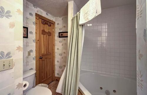 a bathroom with a tub and a toilet and a shower at Best Value Cabin Hot Tub Arcade Close to Strip in Pigeon Forge