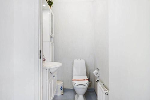 a white bathroom with a toilet and a sink at TV1360-Bindslev-Munkebakken-5 in Bindslev