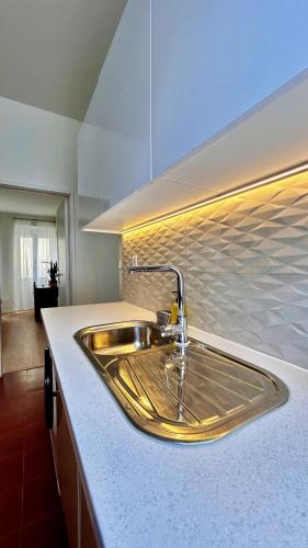 a sink in a kitchen with a counter top at Terracota 2 Quartos Parque Cidade Pet Friendly in Aveiro