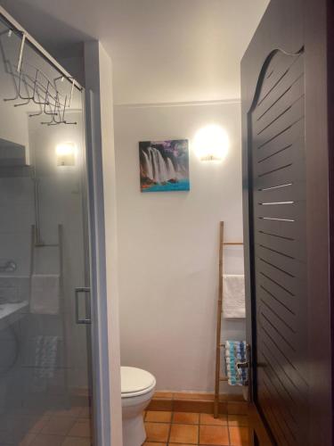 ein Badezimmer mit Toilette und Glasduschtür in der Unterkunft Évasion Tropicale à Tartane in Tartane