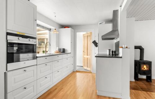 a kitchen with white cabinets and a stove at Pet Friendly Home In Farsø With House A Panoramic View in Farsø