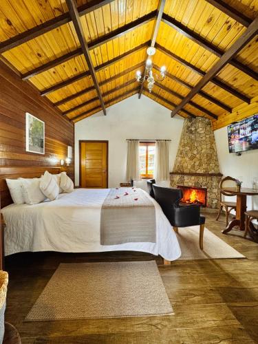 a bedroom with a large bed and a fireplace at Pousada Villa Monte Verde in Monte Verde