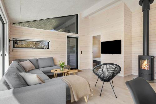 a living room with a couch and a fireplace at TV1584-Jerup-Engsig-Baekvej-44 in Jerup