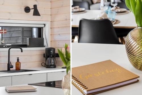 two pictures of a kitchen and a table with a book at TV1584-Jerup-Engsig-Baekvej-44 in Jerup