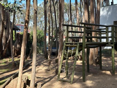 a bench sitting in front of a bunch of trees at Comfortable Family Apartment in Mirasol