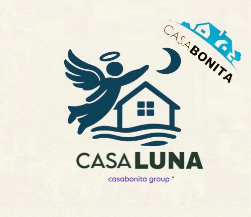 a symbol of a house and an angel with a house at CASALUNA frente alberca AirAc in Atlacholoaya