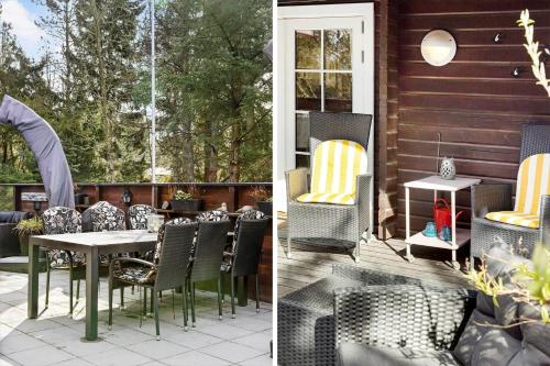 two pictures of a patio with a table and chairs at TV1587-Albaek-Bekkasinvej-40 in Ålbæk