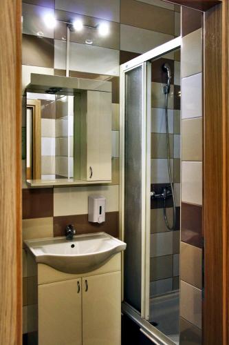 a bathroom with a sink and a shower at Rooms Fitea in Osijek