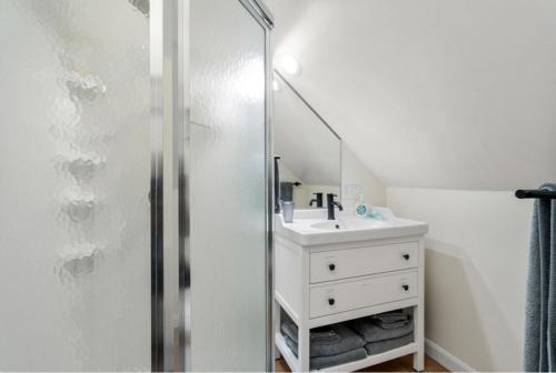 a bathroom with a sink and a mirror at 2 Bedroom Loft Apartment in Brighton, Free Parking in Boston