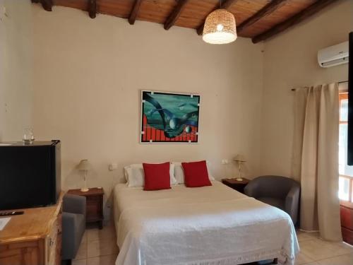 a bedroom with a bed and a flat screen tv at Posada Cavieres Wine Farm in Maipú