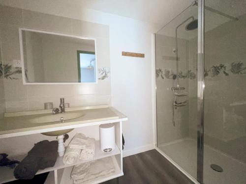 a bathroom with a sink and a shower at Gîte paisible 2 chambres près de Tours et Amboise - FR-1-381-628 in Azay-sur-Cher
