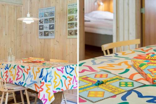 two pictures of a dining room table with a colorful table cloth at TV1586-Jerup-Kuskevej-5 in Jerup