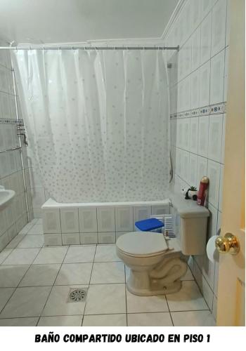 a bathroom with a toilet and a shower and a sink at Casa Familiar Rogiel Aeropuerto in Santiago